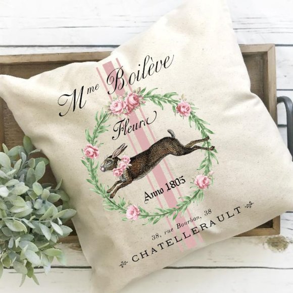French Country, Pillow Cover, Pink Rabbit, Gift - Picture 2 of 3